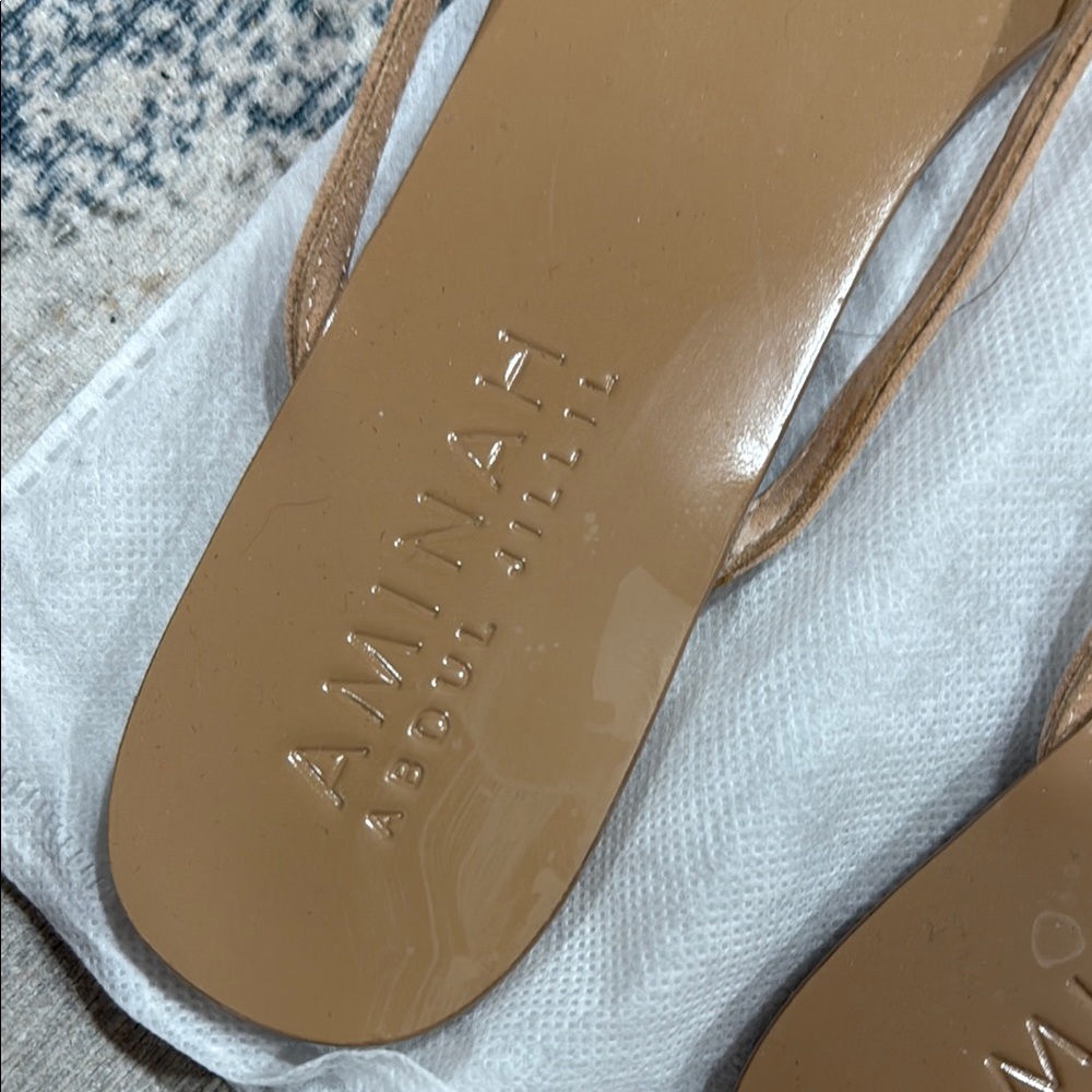 Amina Muaddi Tan Sandals with Glittering Silver Bow - Picture 2 of 3